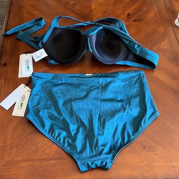 Calvin Klein Swimwear Size L 2 pc Teal Vintage Look Swimsuit NWT Pin Up Girl - Picture 2 of 8